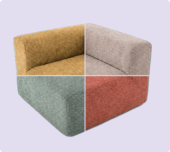 LORVA modules shown in a range of fabric colorways, from a single seat to a two-seat sofa and a curved chaise.