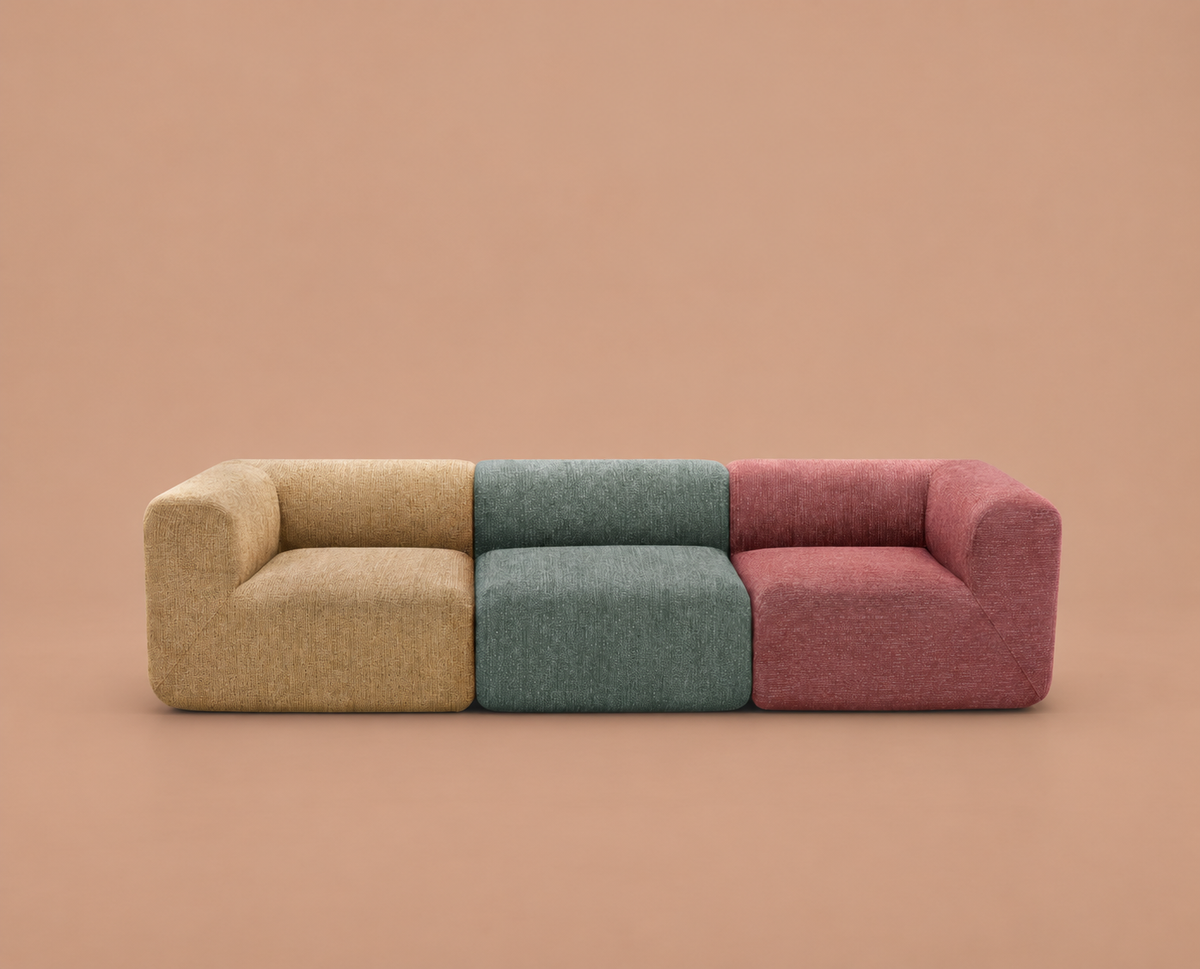3 seats, turmeric yellow, moss green, brick red